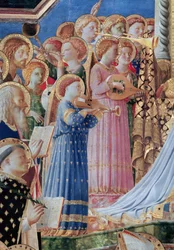 The Coronation of the virgin, detail of musical angels from the left hand side, c.1430-32